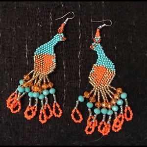 HANDMADE HUICHOL beaded earring blue orange bird